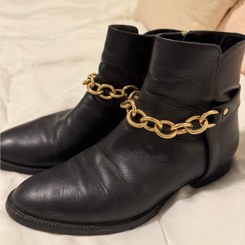 Burberry Black Leather Ankle Boots with Gold Chain Accent